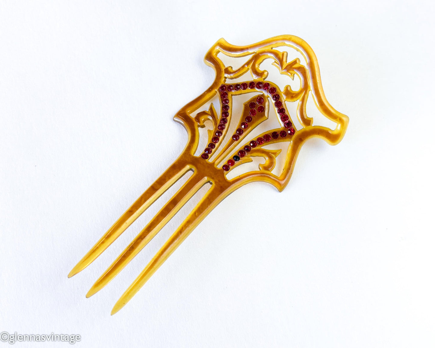 1900s Brown Celluloid Mantilla Hair Comb, Red Rhinestones