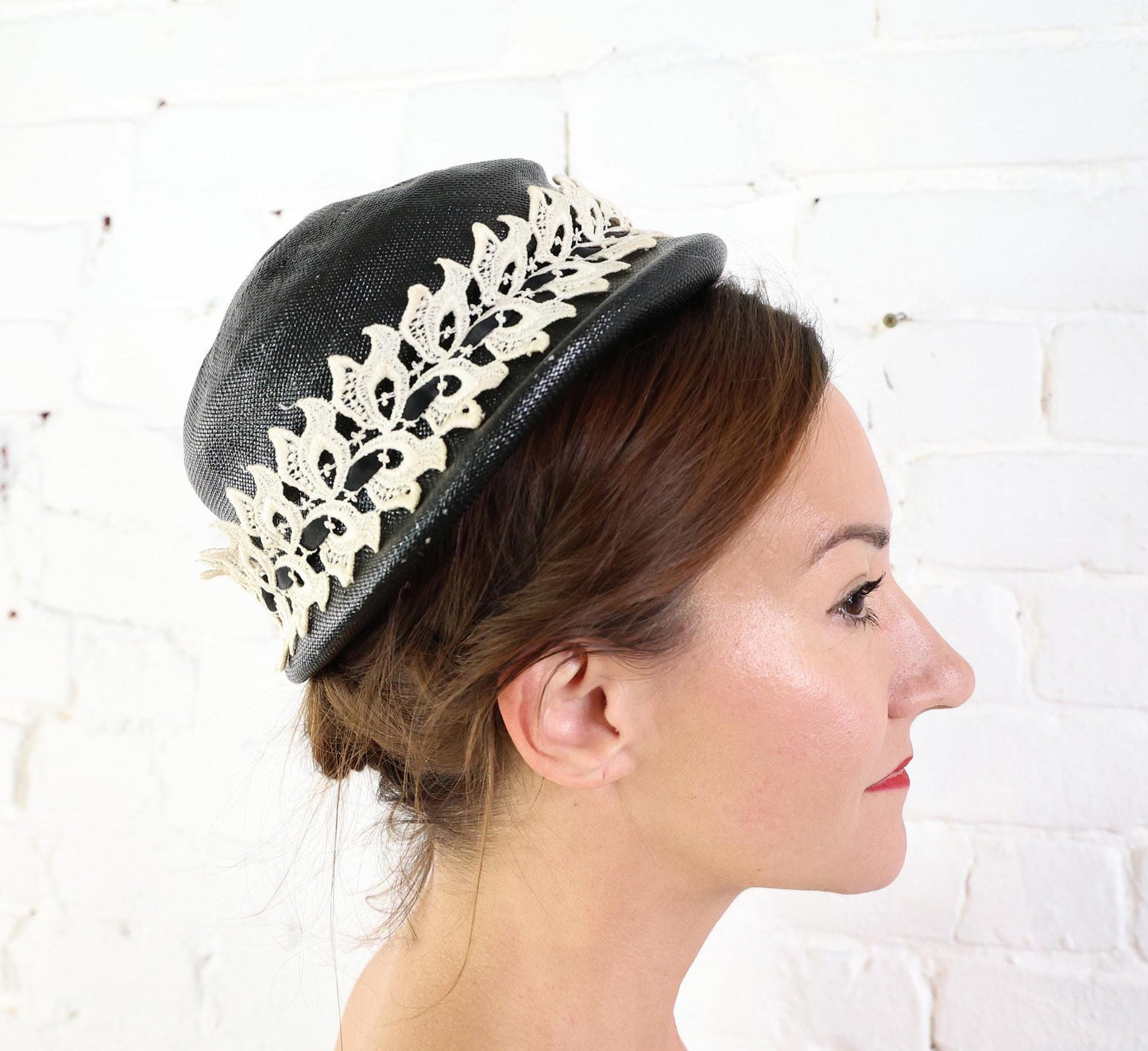 1950s Black & White Lace Straw Hat