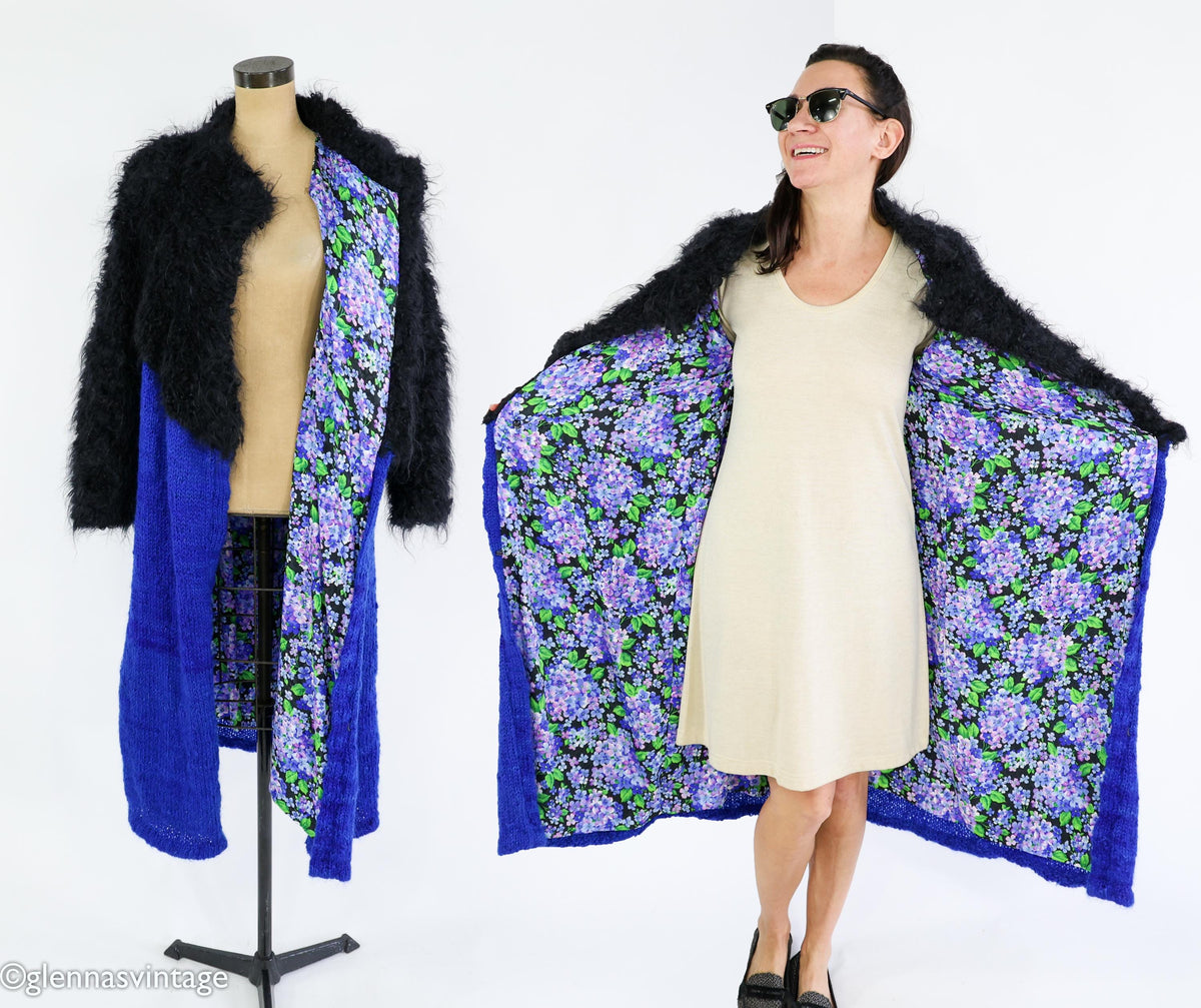 1980s Mohair Knit Coat | Royal Blue & Black Sweater