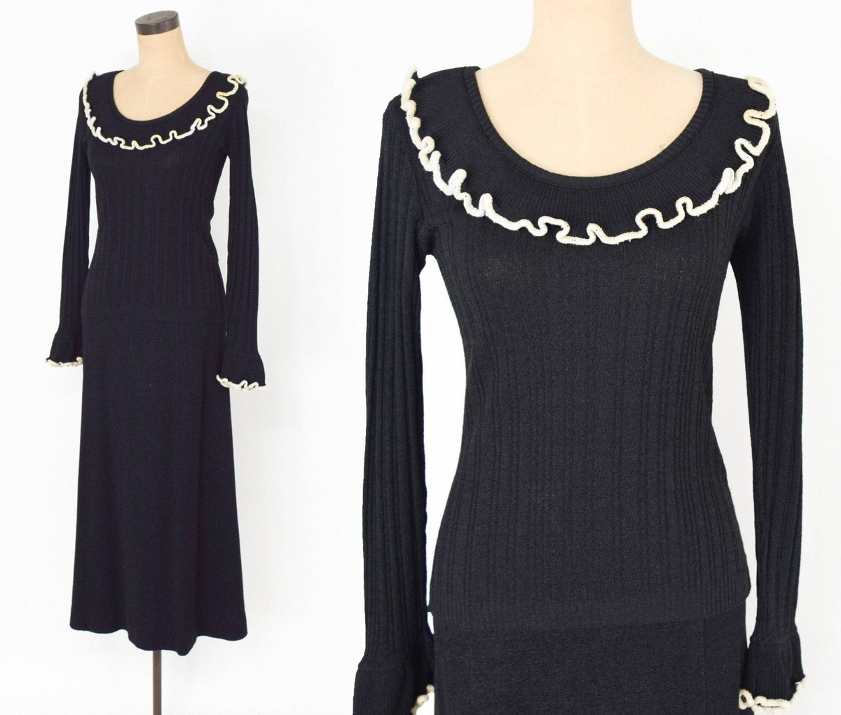 1970s Black Knit Sweater Skirt Set | Ruffle Trim, Medium