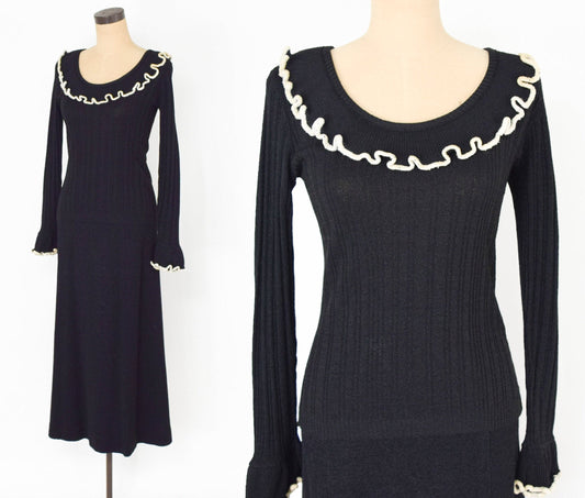 1970s Black Knit Sweater Skirt Set | Ruffle Trim, Medium