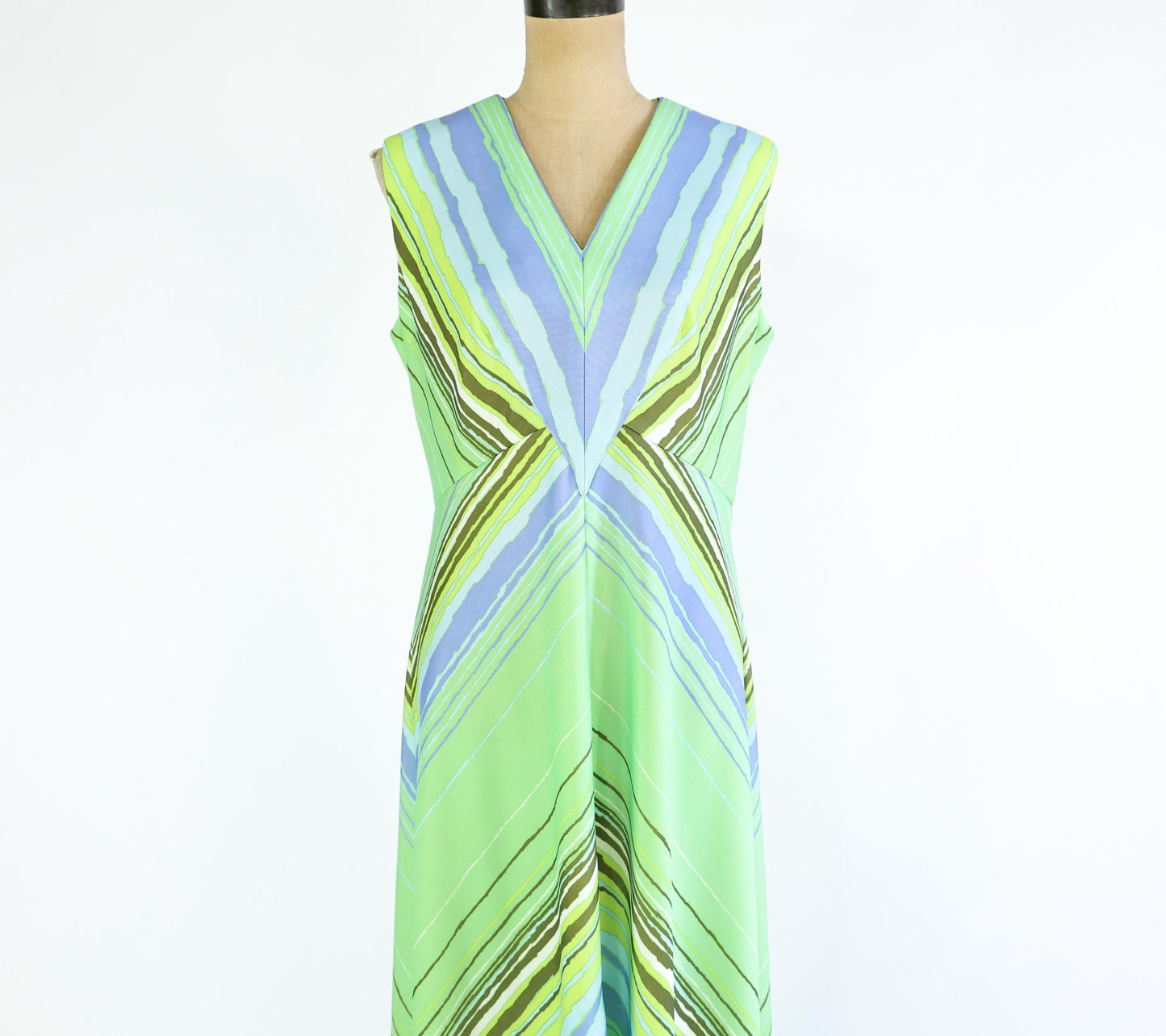 1970s Green & Blue Chevron Striped Maxi, 34" Waist