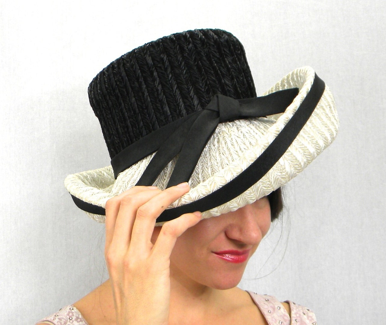 1960s Black White Raffia Wide Brim Hat