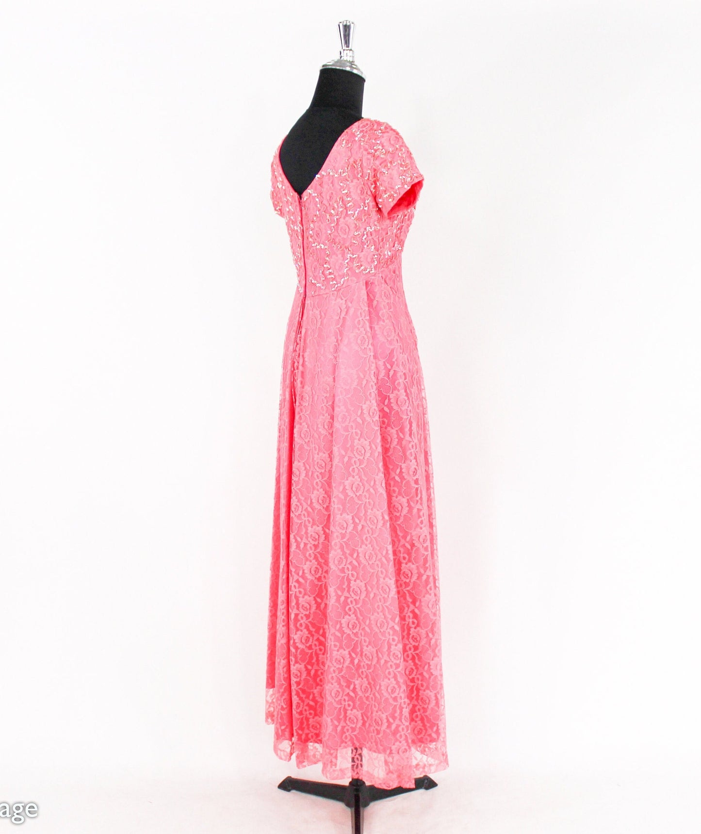 1950s Pink Lace & Sequin Formal Evening Dress, Medium