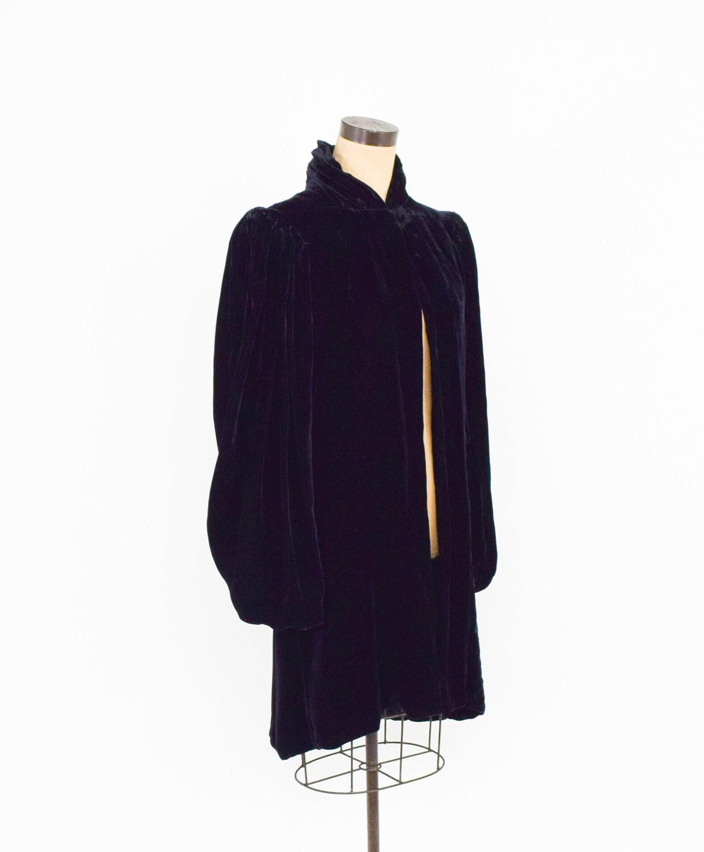 1930s Black Silk Velvet Evening Coat with Black Draped Sleeves Cape, Medium