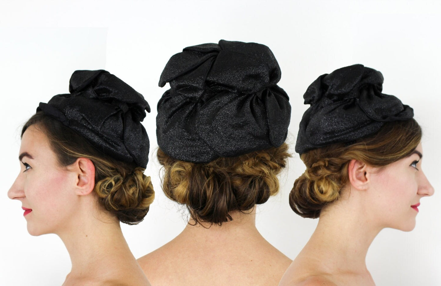 1950s Black Lamé Cocktail Hat, Black Glitter Fascinator