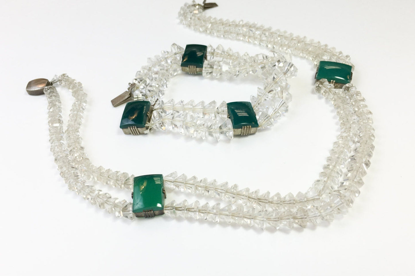 1930s Glass Crystal Necklace Bracelet Set, Green Glass & Sterling Silver Clasp