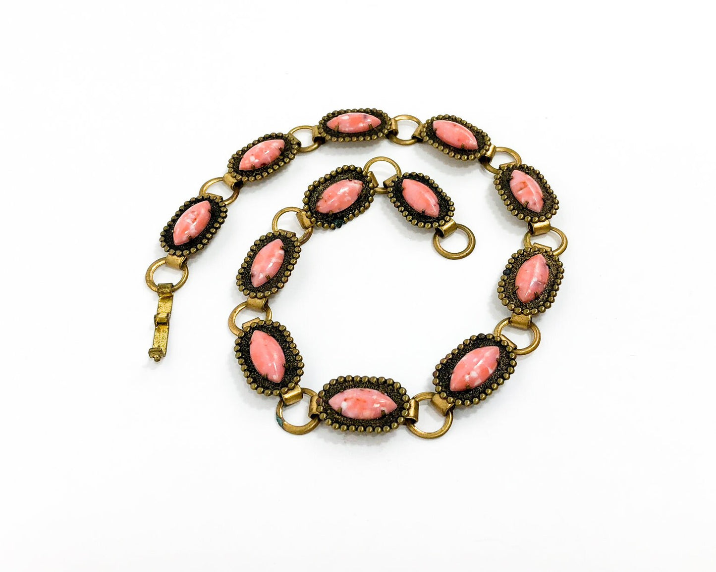 1940s Pink Choker Necklace | 40s Brass & Pink Plastic Link Necklace