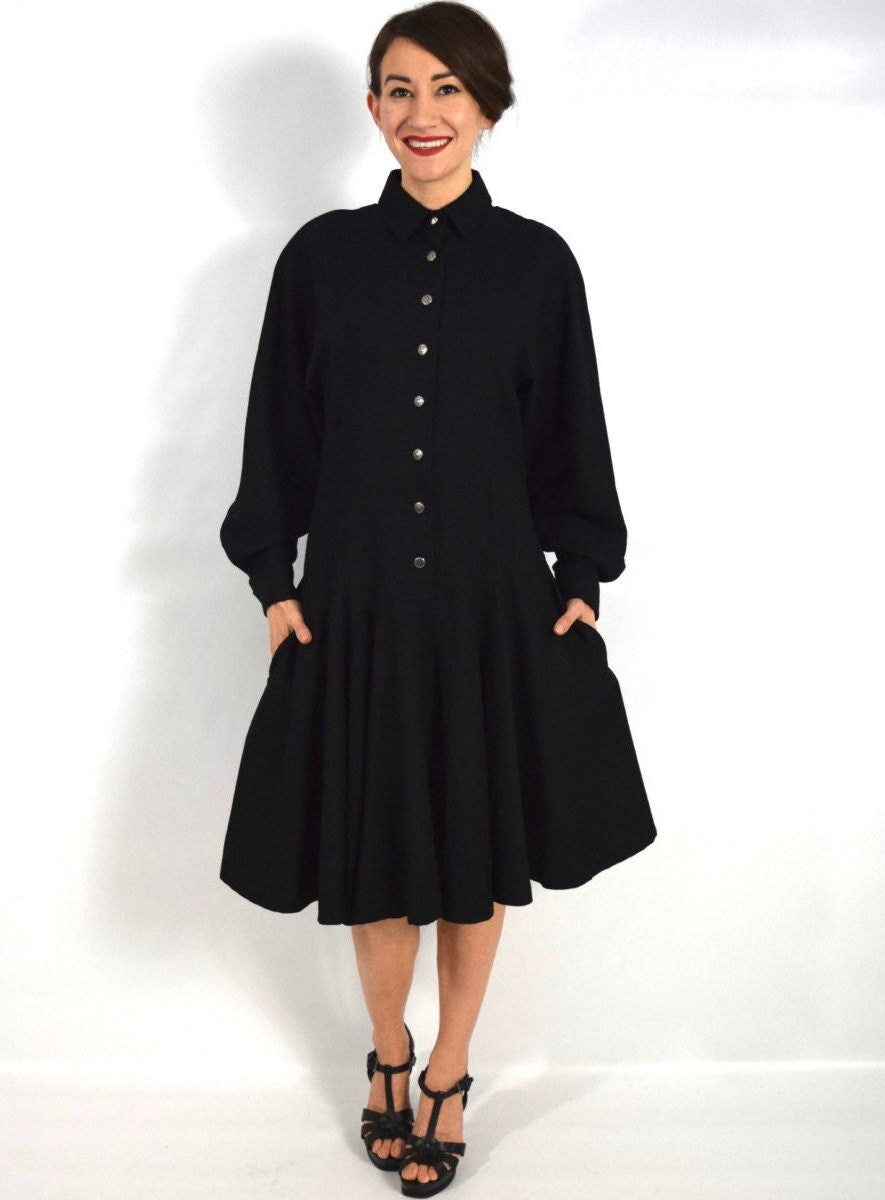 Byblos | 1990s Black Wool Dress | 90s Black Pleated Wool Gabardine Dress | Black Wool Dress  | Byblos | Medium