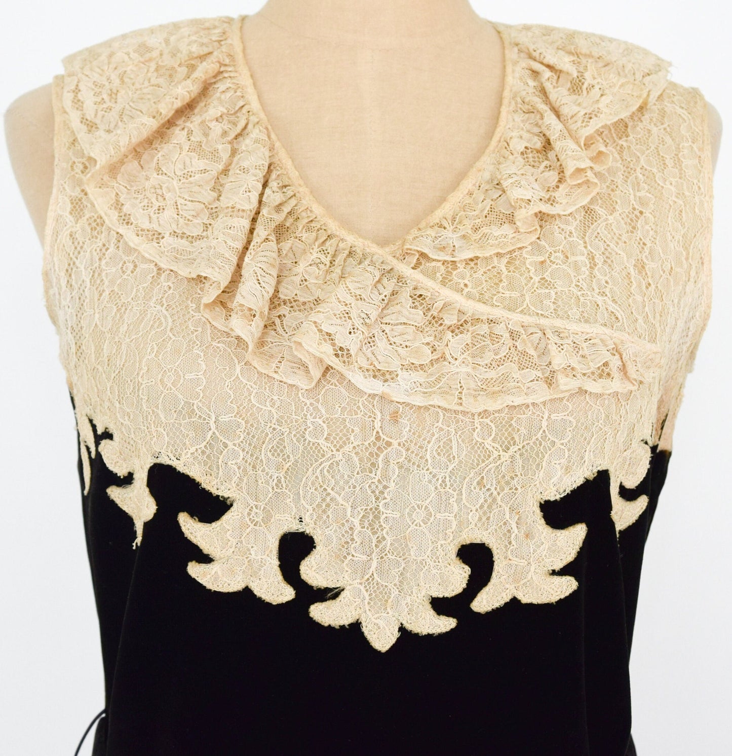 1920s Black Velvet Dress with Lace Bodice, Medium