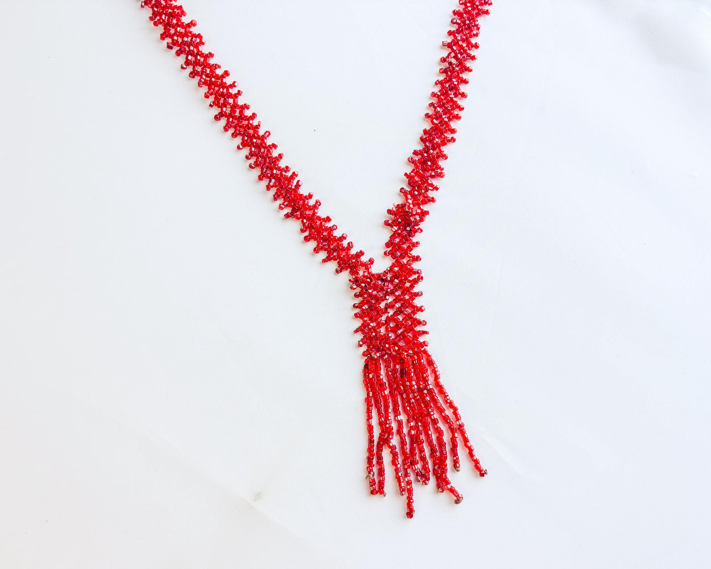 1920 Red Beaded Necklace |  Beaded Flat Woven Necklace