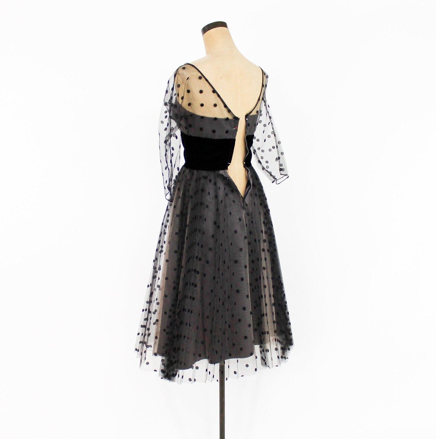 1950s Black Polka Dot Party Dress | 50s Black Tulle Cocktail Dress | Old Hollywood | X Small