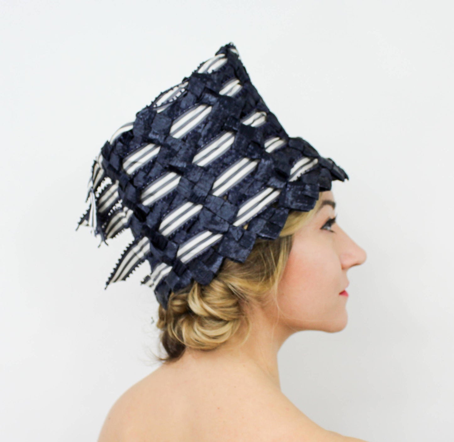 1960s Mr. John Jr. Navy Raffia High Crown Hat