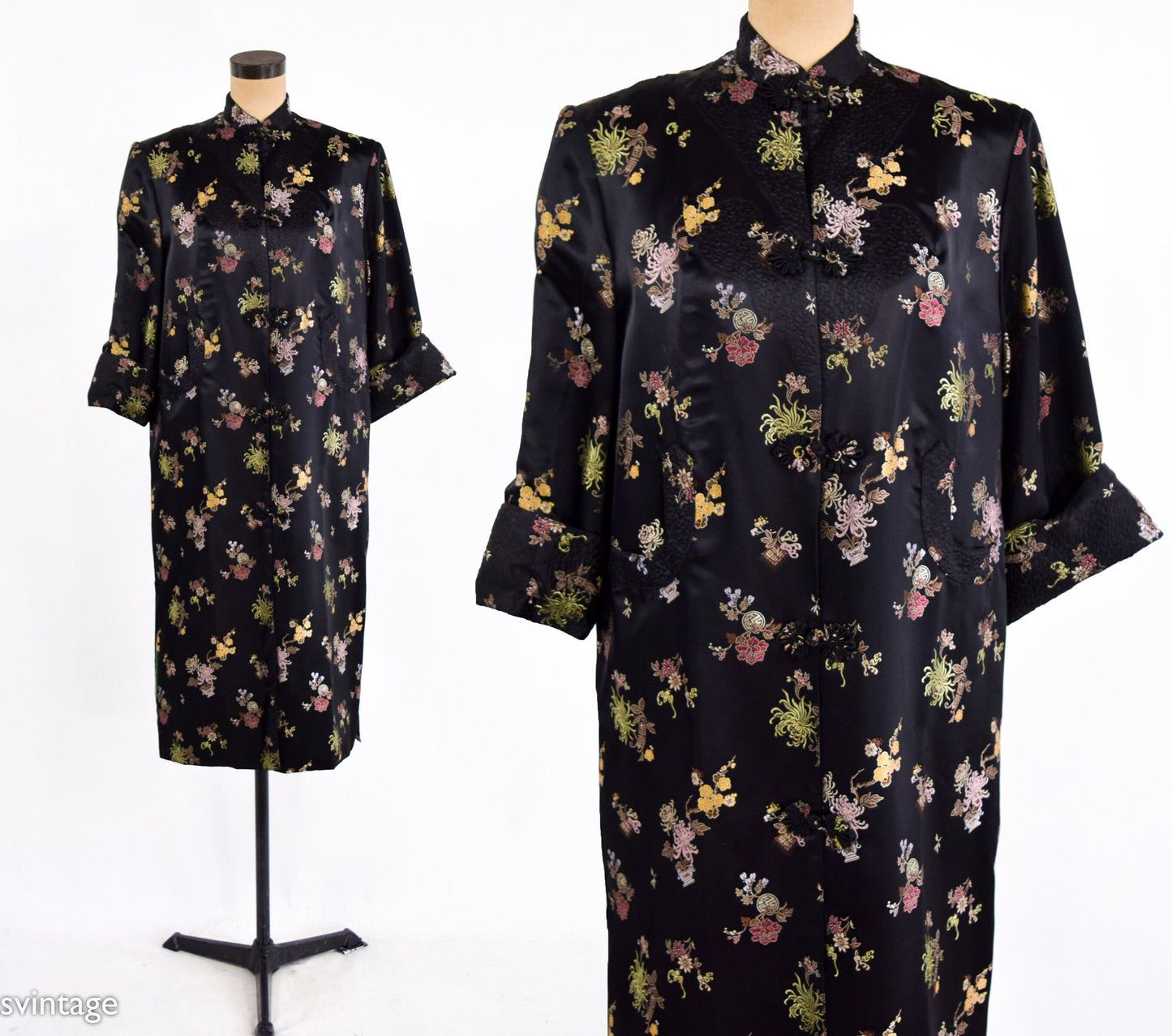 1950s Black Silk Asian Coat | 50s Black Floral Asian Coat | Peony | Medium