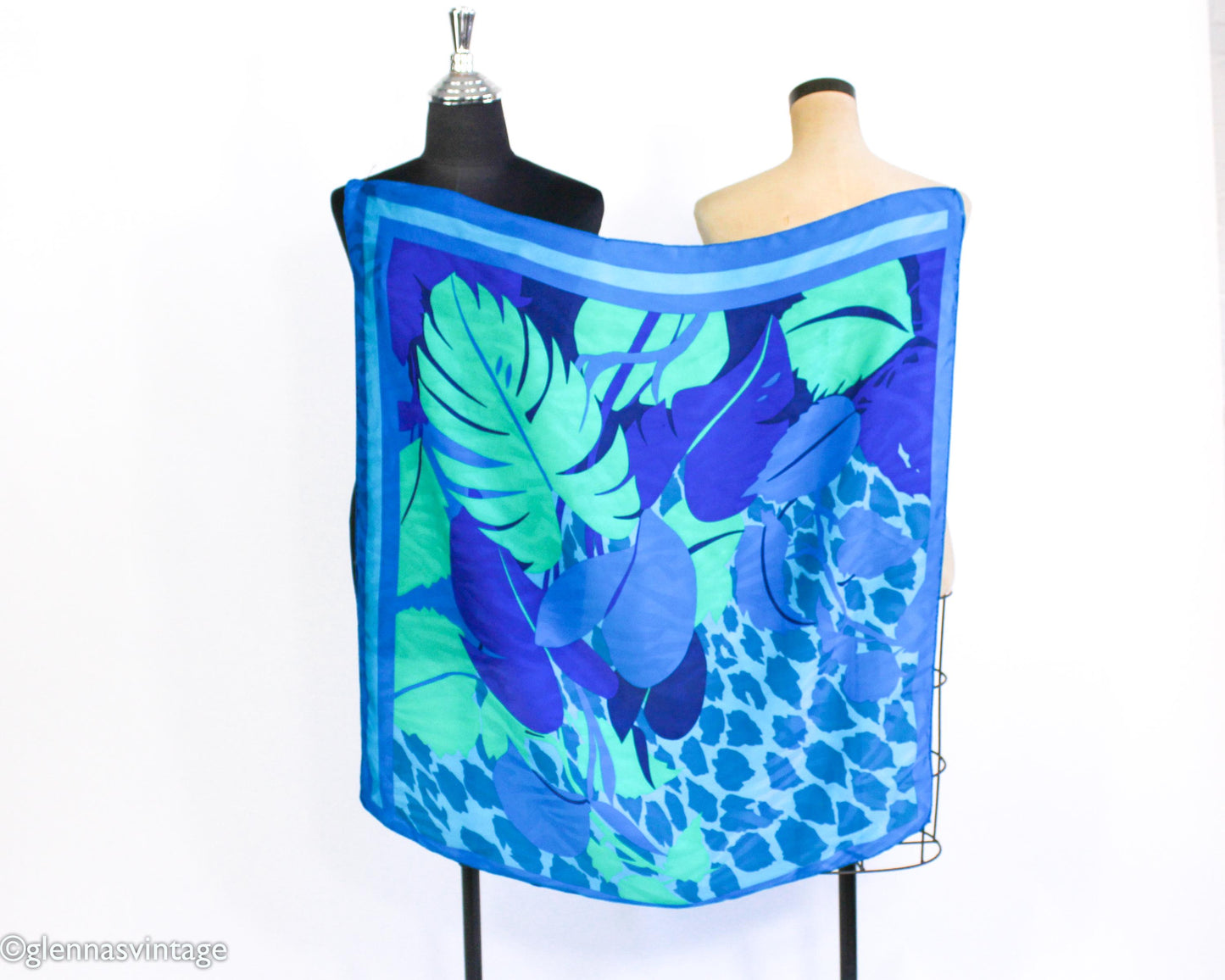 1980s Turquoise Blue Print Silk Scarf