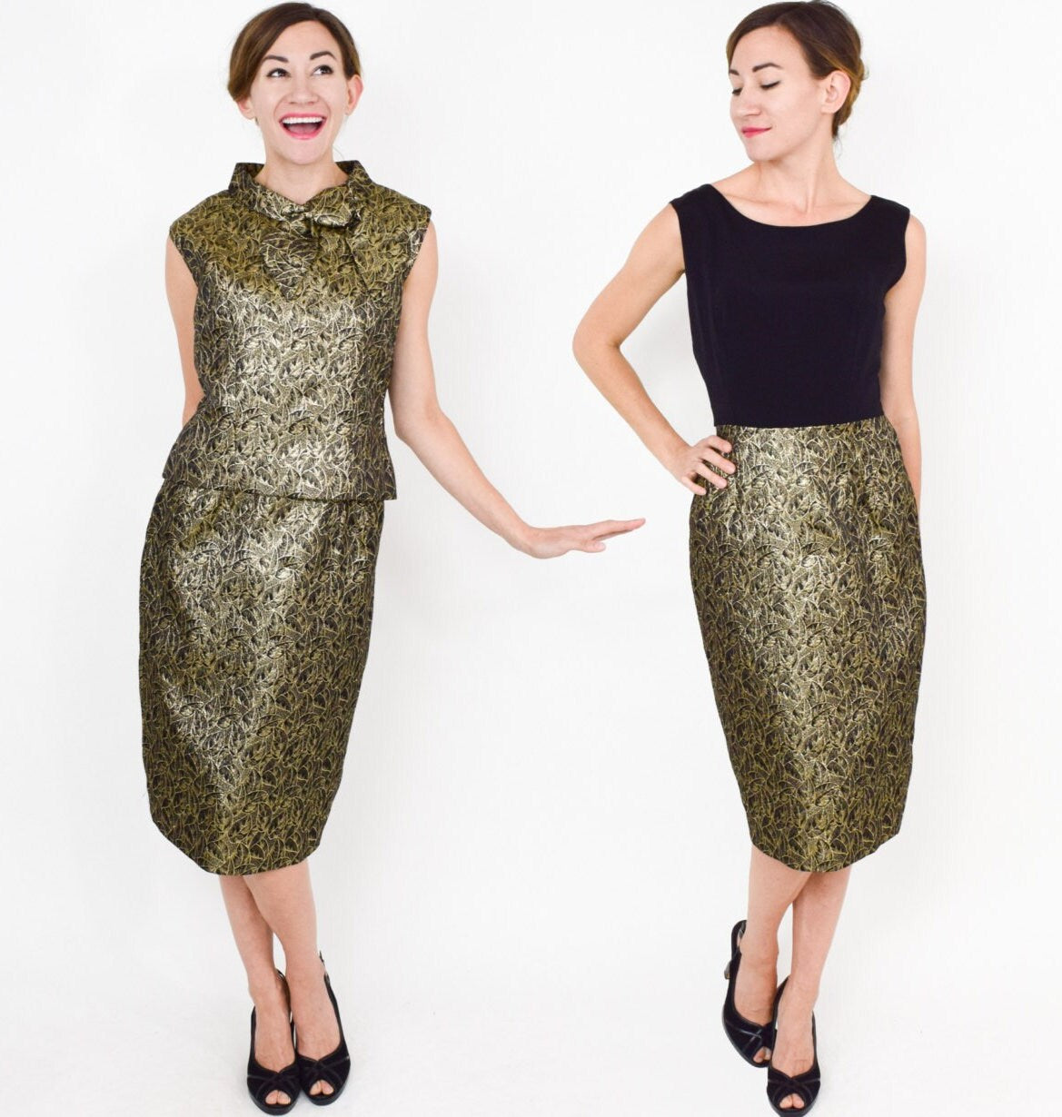 1950s Gold Brocade Dress & Top Set, Metallic Party Ensemble, Medium