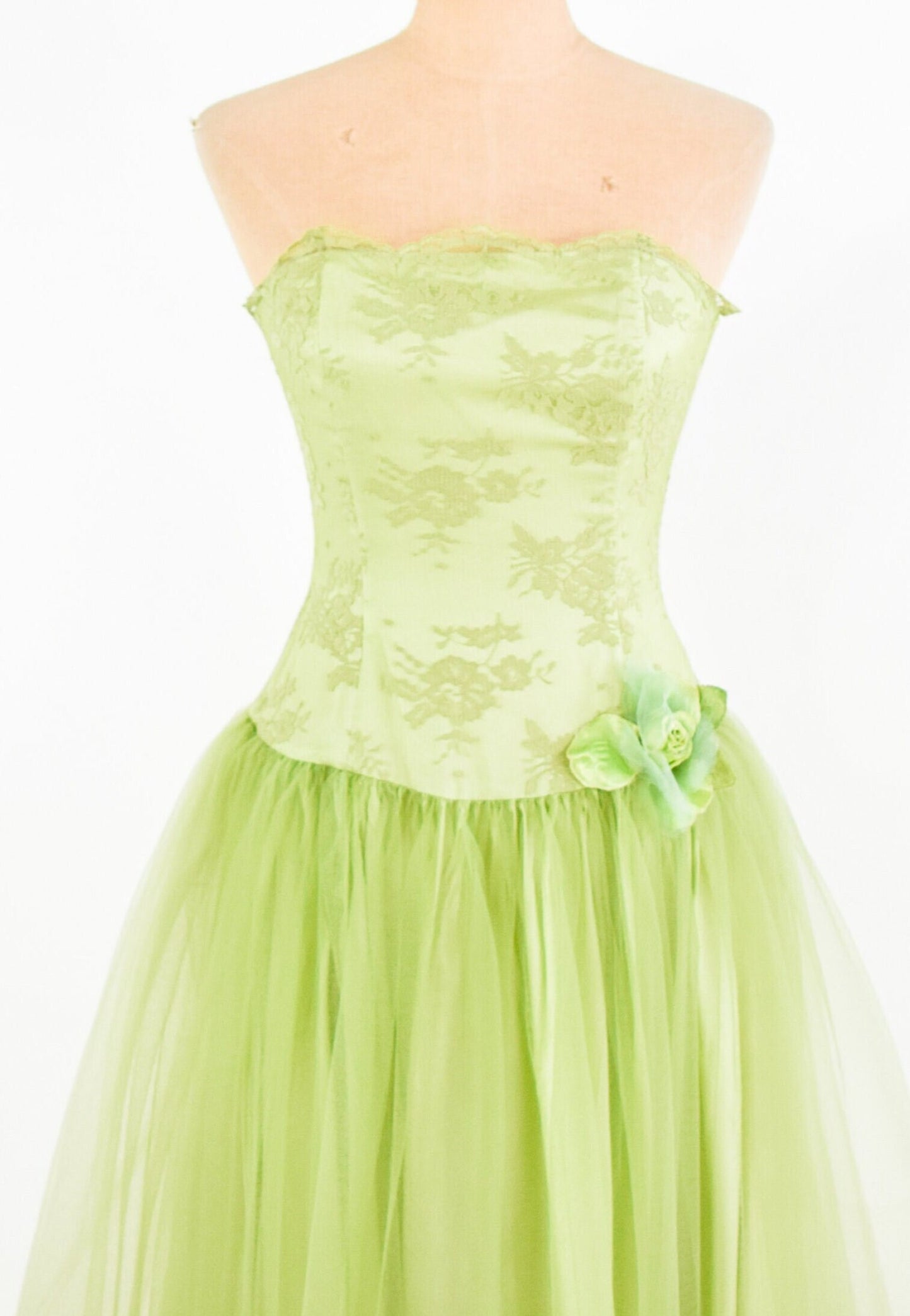 1990s Lime Green Party Dress | 90s Green Lace & Tulle Prom Dress | Green Strapless Evening Dress | Jessica McClintock | Small