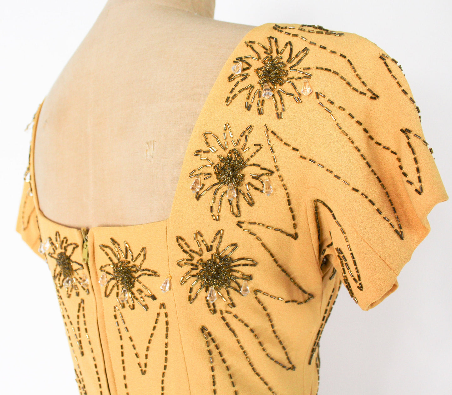 1950s Yellow Beaded Cocktail Dress, Small