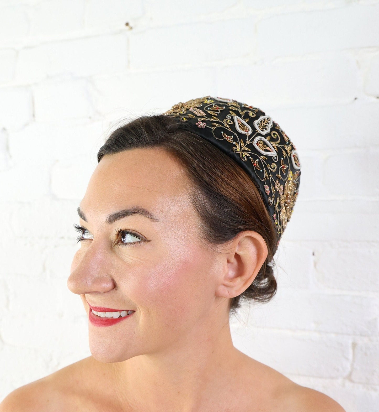 1950s Black Silk Pillbox Hat with Gold Embroidery