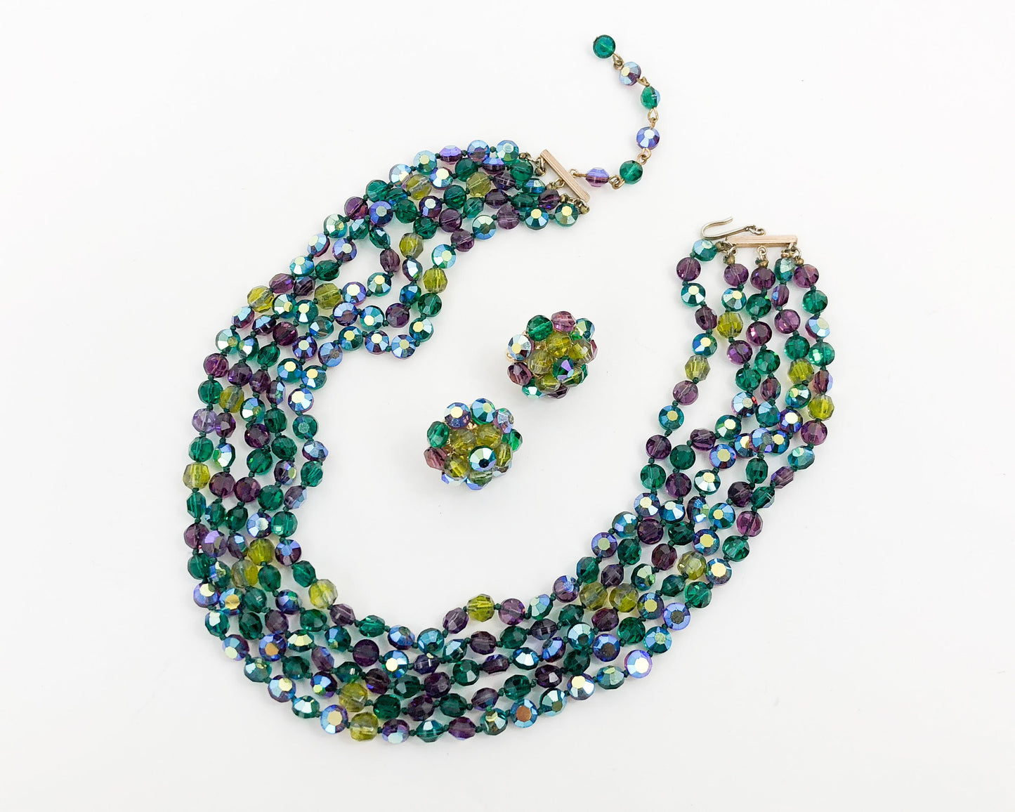 Vogue | 1960s Blue Green Crystal Necklace Set | 60s Green Faceted AB Crystal Set | Blue Multi Strand Necklace & Earrings | Vogue