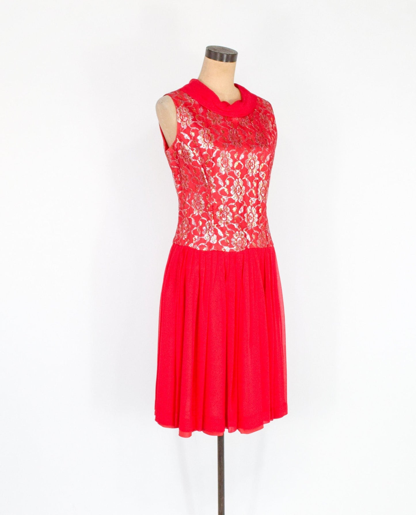 1950s Red Chiffon & Silver Lace Party Dress, Medium