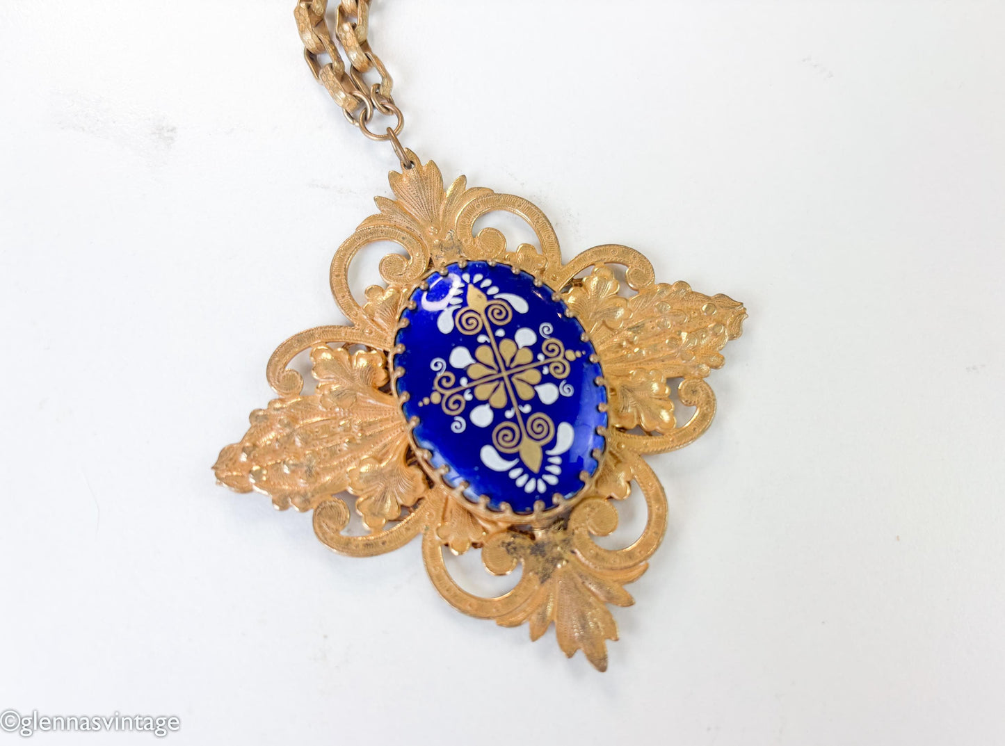 Vintage 1940s Miriam Haskell Necklace, Cobalt Blue Glass Filigree Pendant