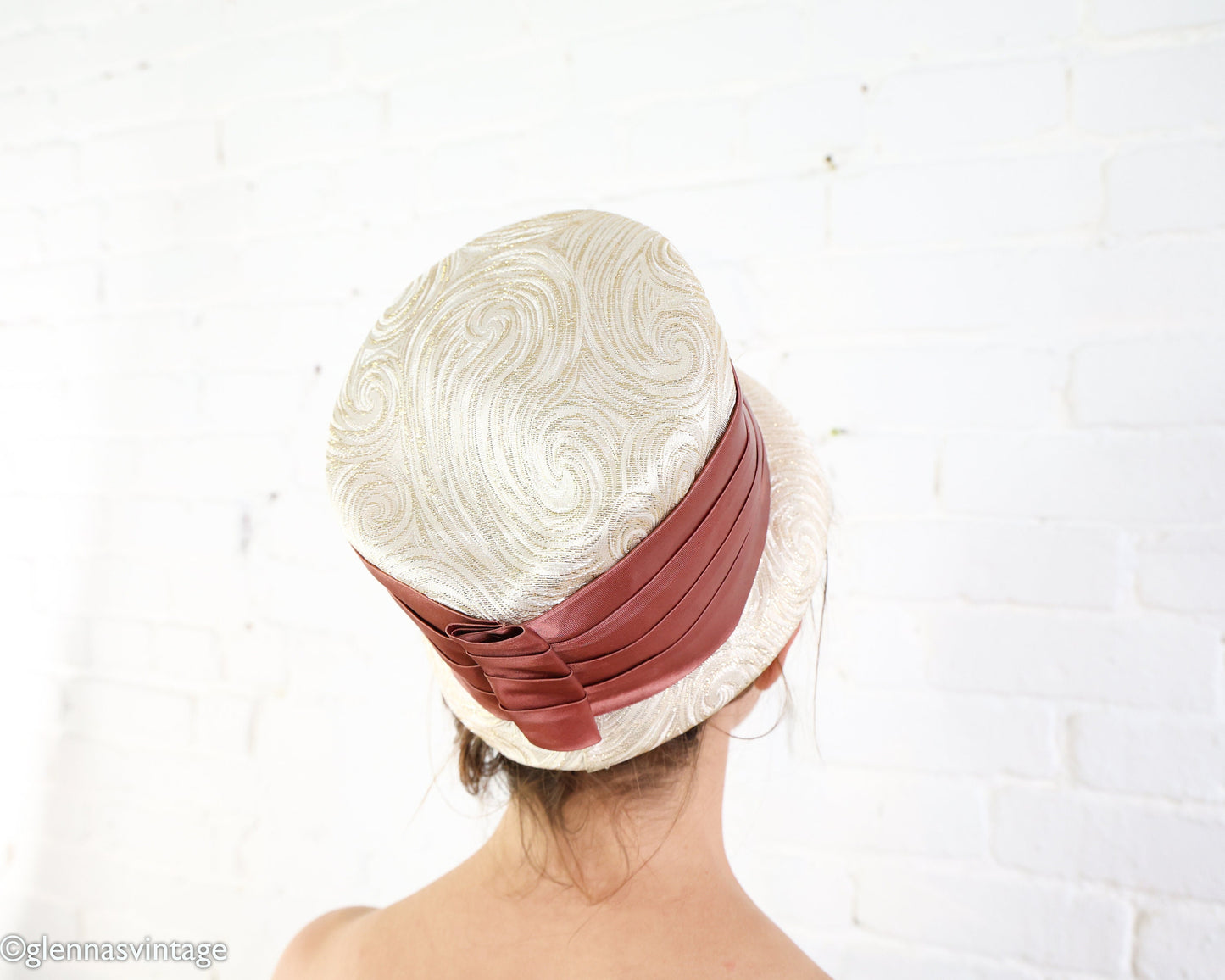 1960s Beige Brocade Bucket Hat | 60s Gold & White Tall Hat