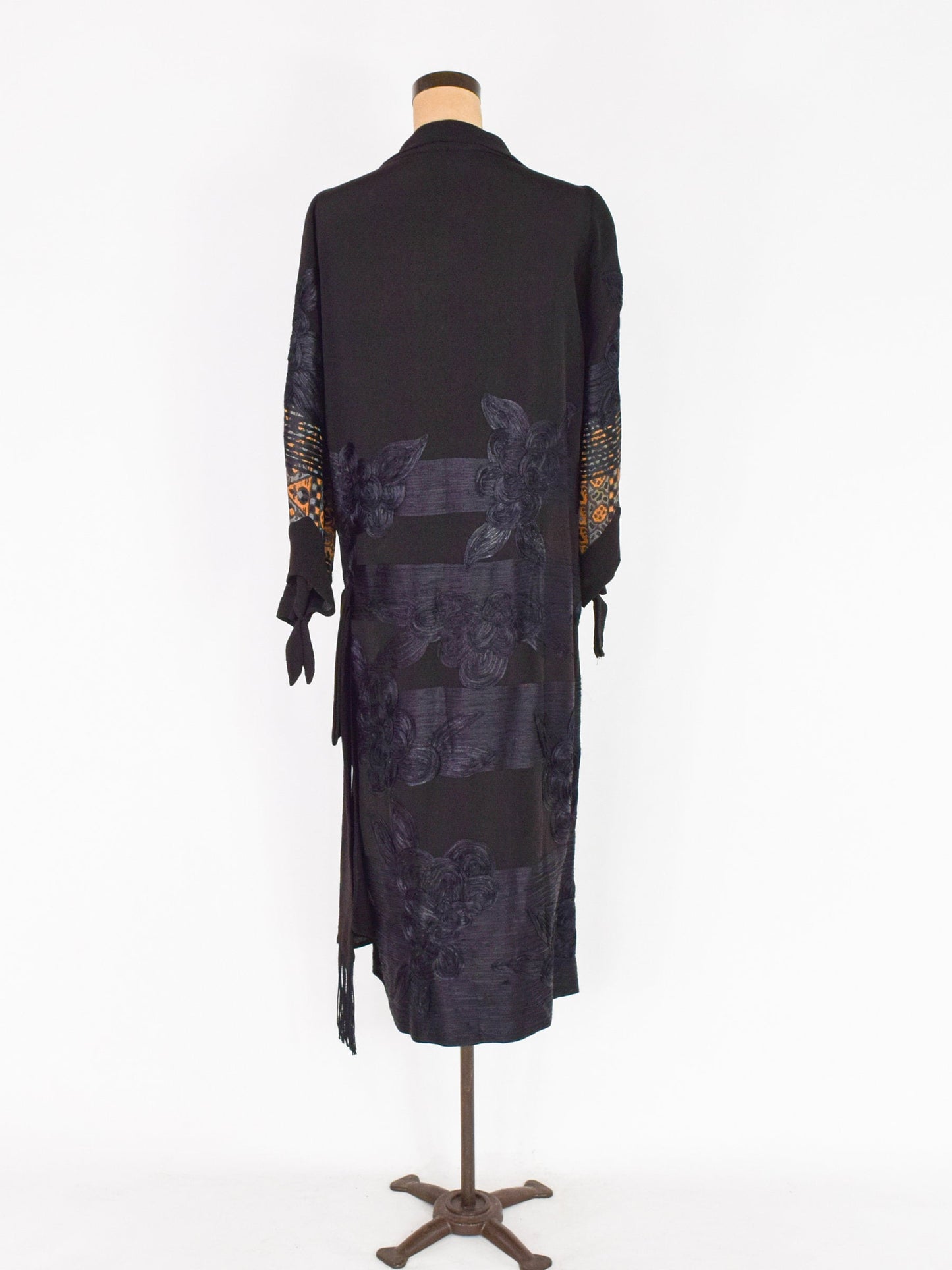 1900s Black Embroidered Crepe Wrap Dress, Downton Abbey Style, Large