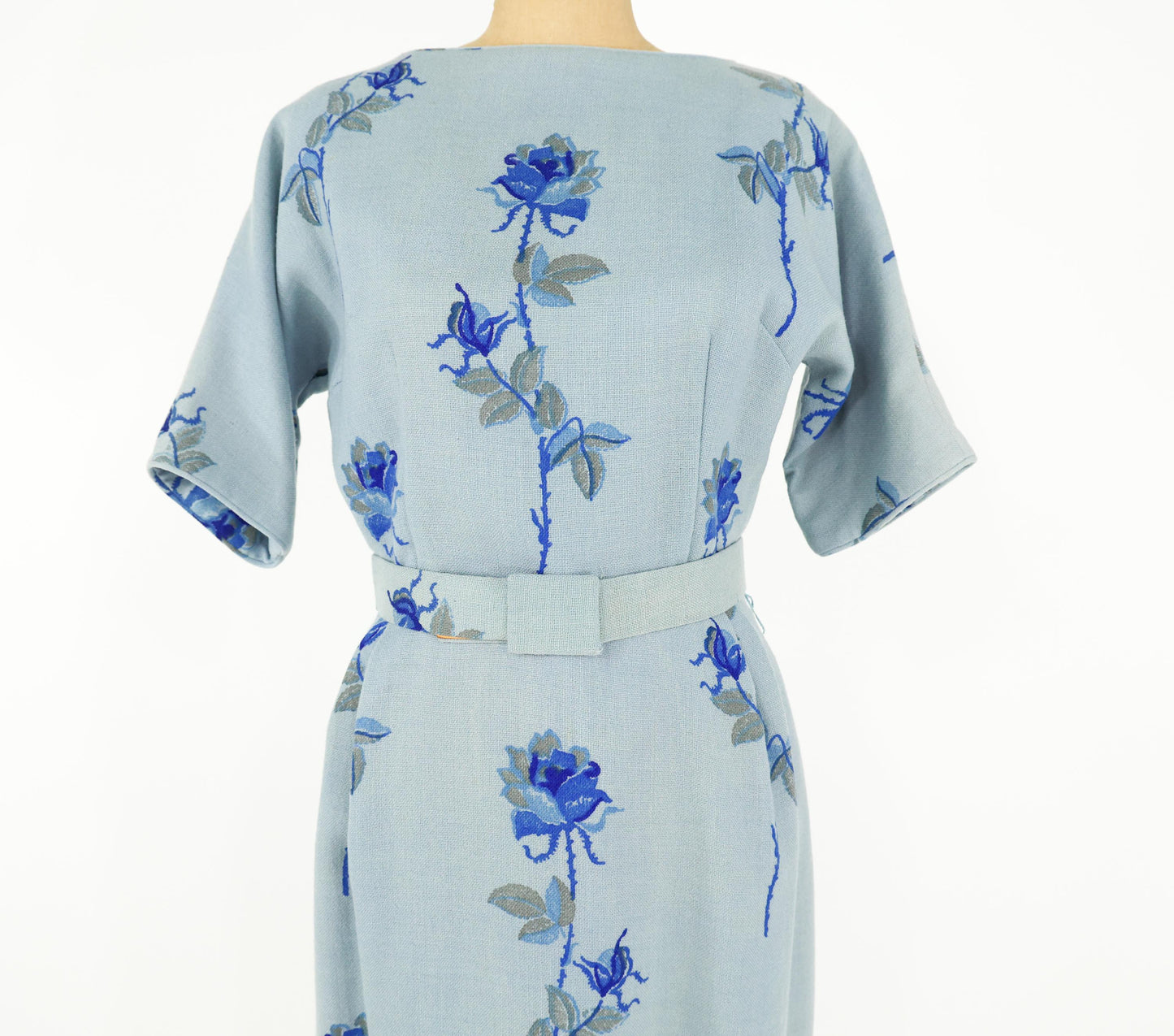 1950s Blue Floral Wool Sheath Dress, Medium