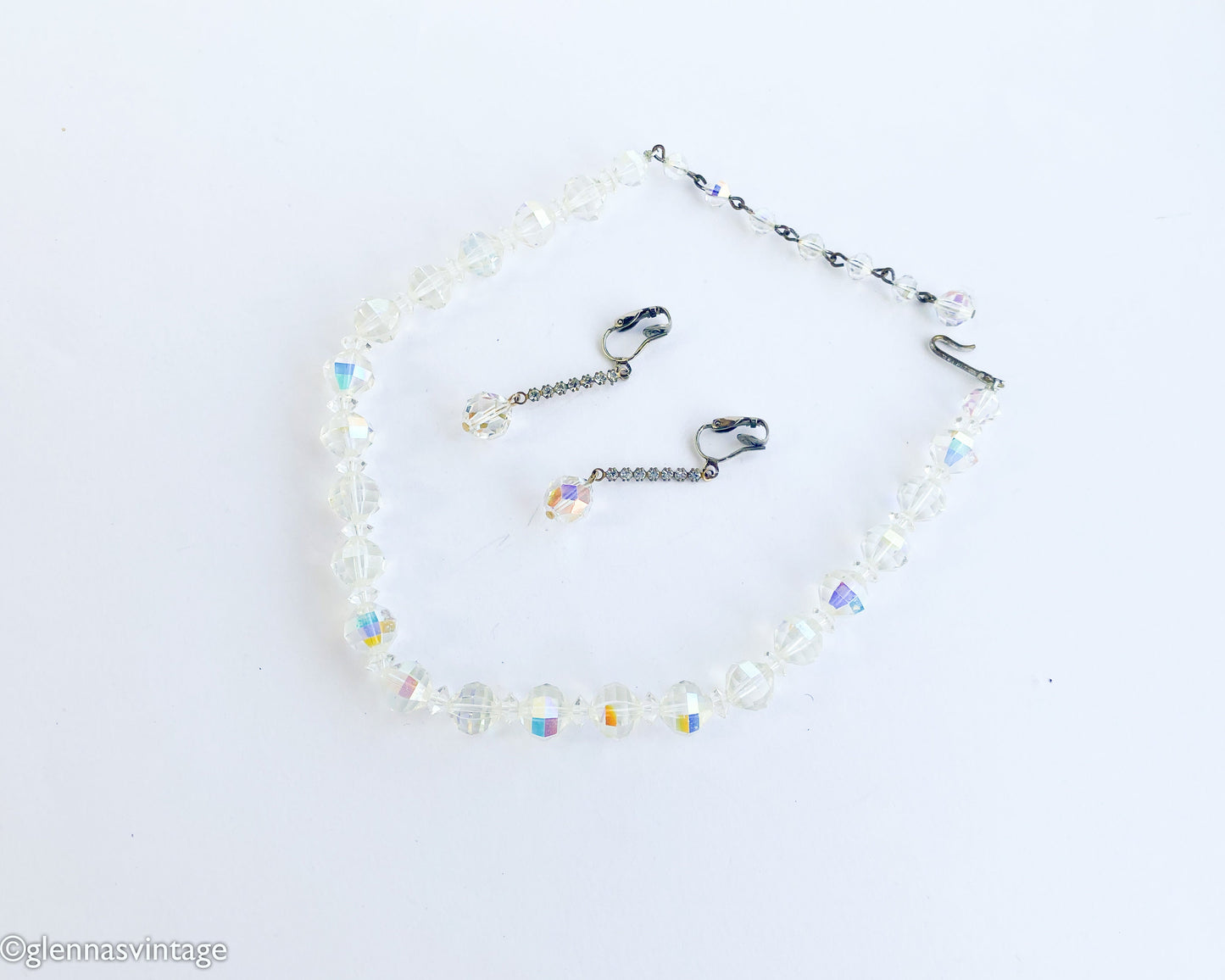 1950s Aurora Borealis Crystal Necklace & Earrings Set, Iridescent Jewelry