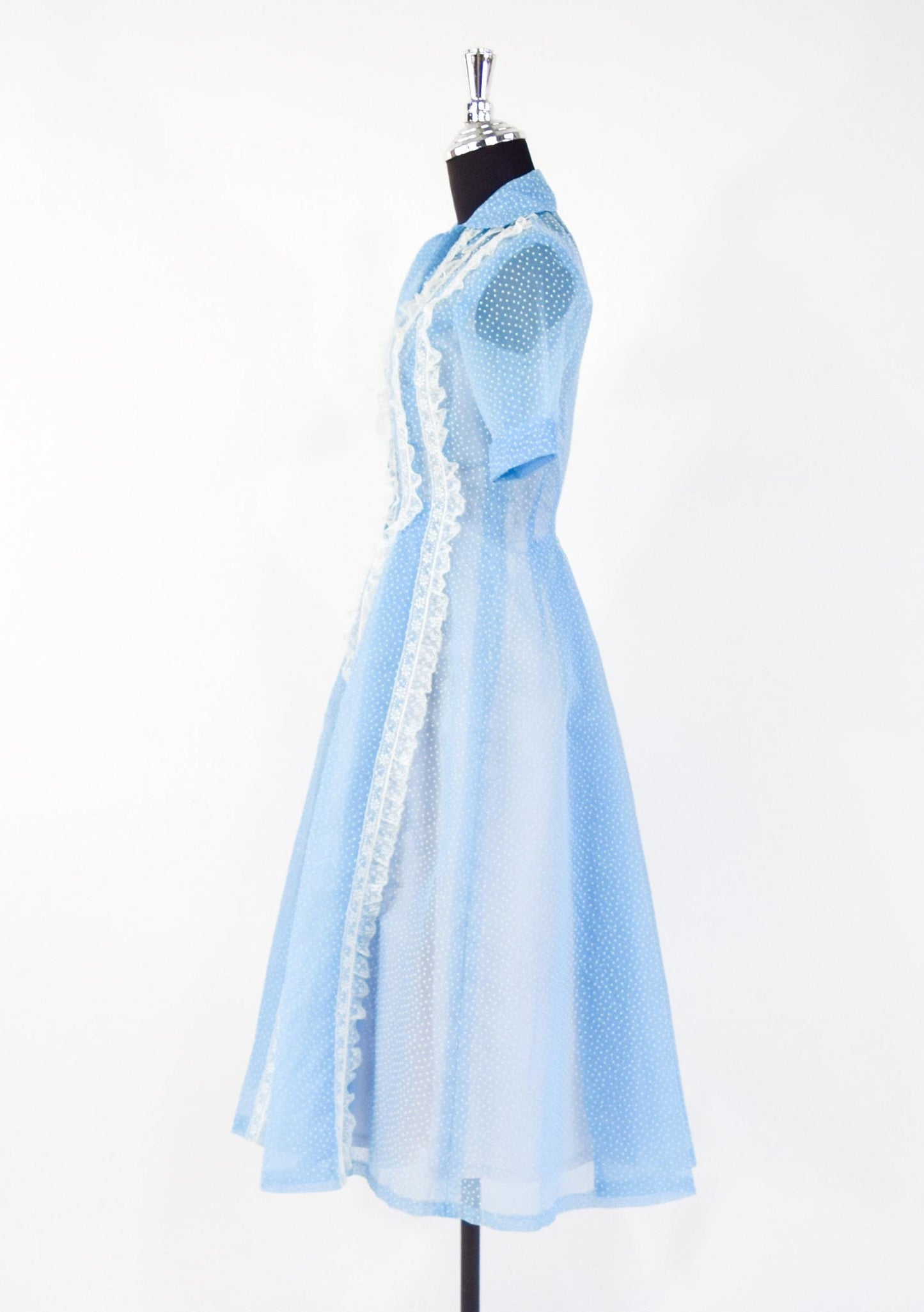 1950s Blue Dotted Swiss Dress with White Lace Trim, Small