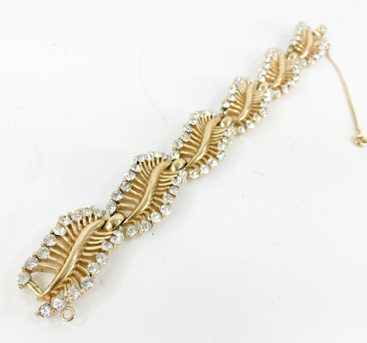 1950s Trifari Rhinestone & Gold Leaf Bracelet