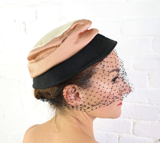 1950s Veiled Satin Cocktail Hat in Creme, Brown & Black