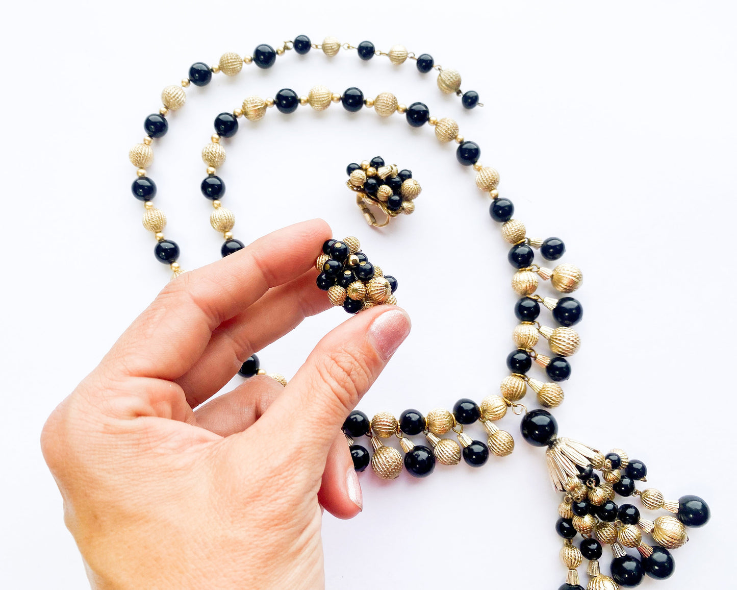 1960s Black & Gold Ball Necklace and Earrings Set