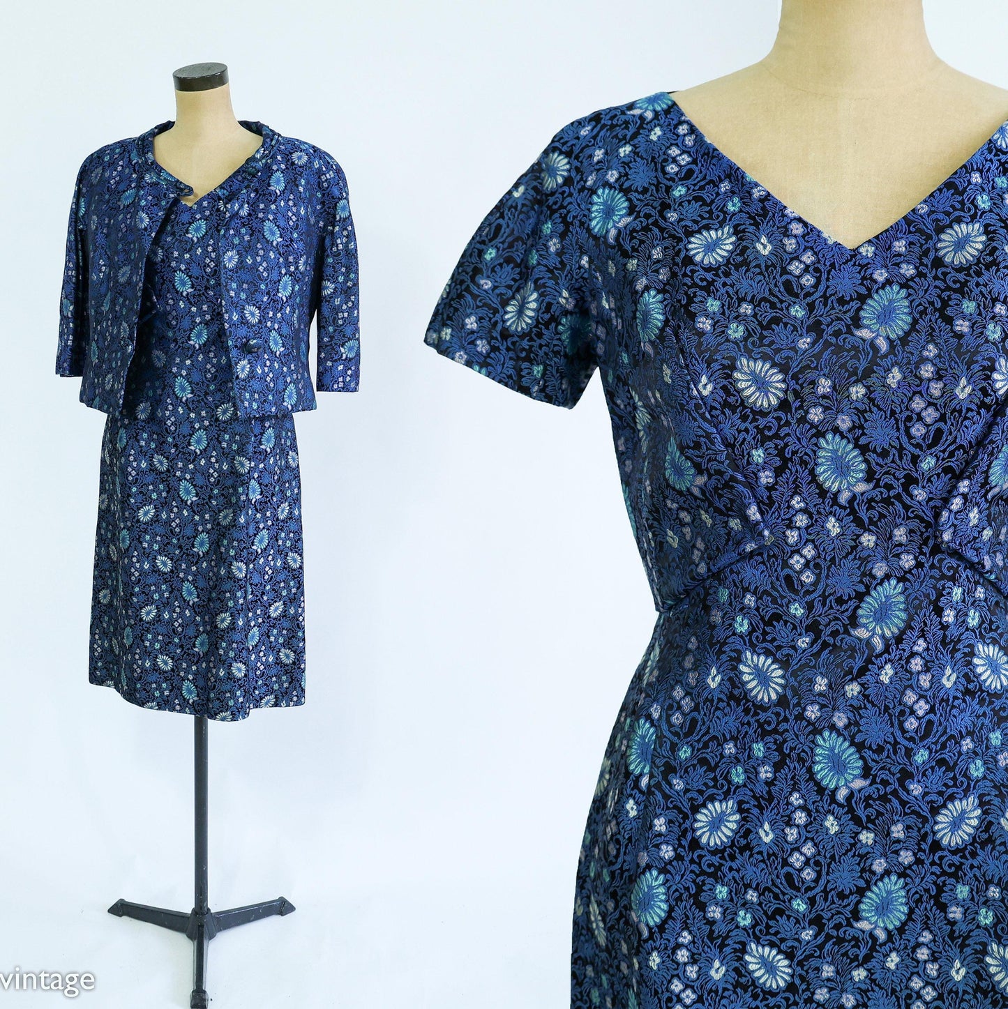1960s Blue Brocade Dress & Jacket Set | 60s Navy Blue Print Brocade Dress Set | Mary Louise | Small