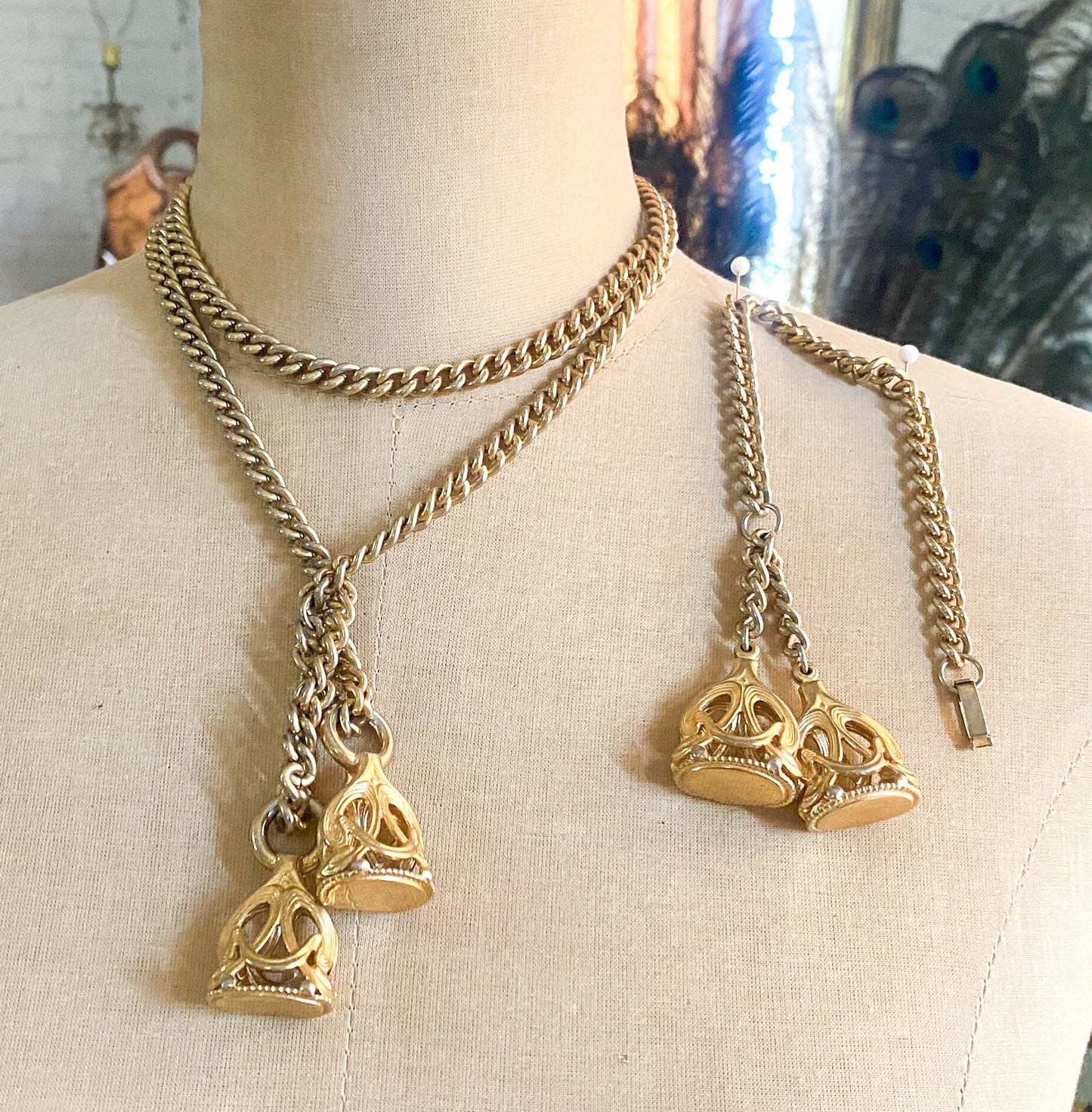 1950s Gold Metal Lariat Necklace & Bracelet Set