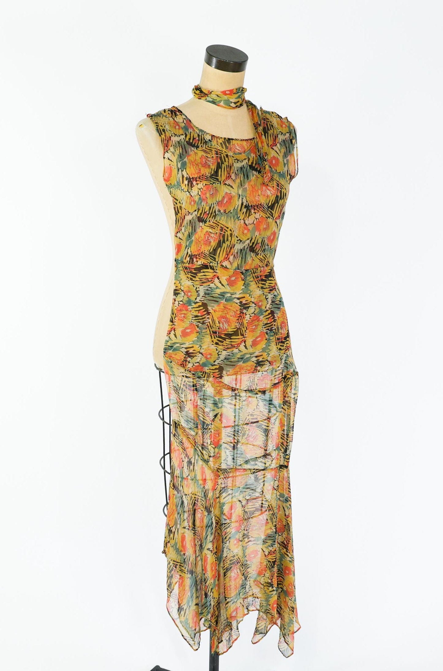 1930s Floral Print Silk Chiffon Dress with Asymmetrical Hem, Extra Small