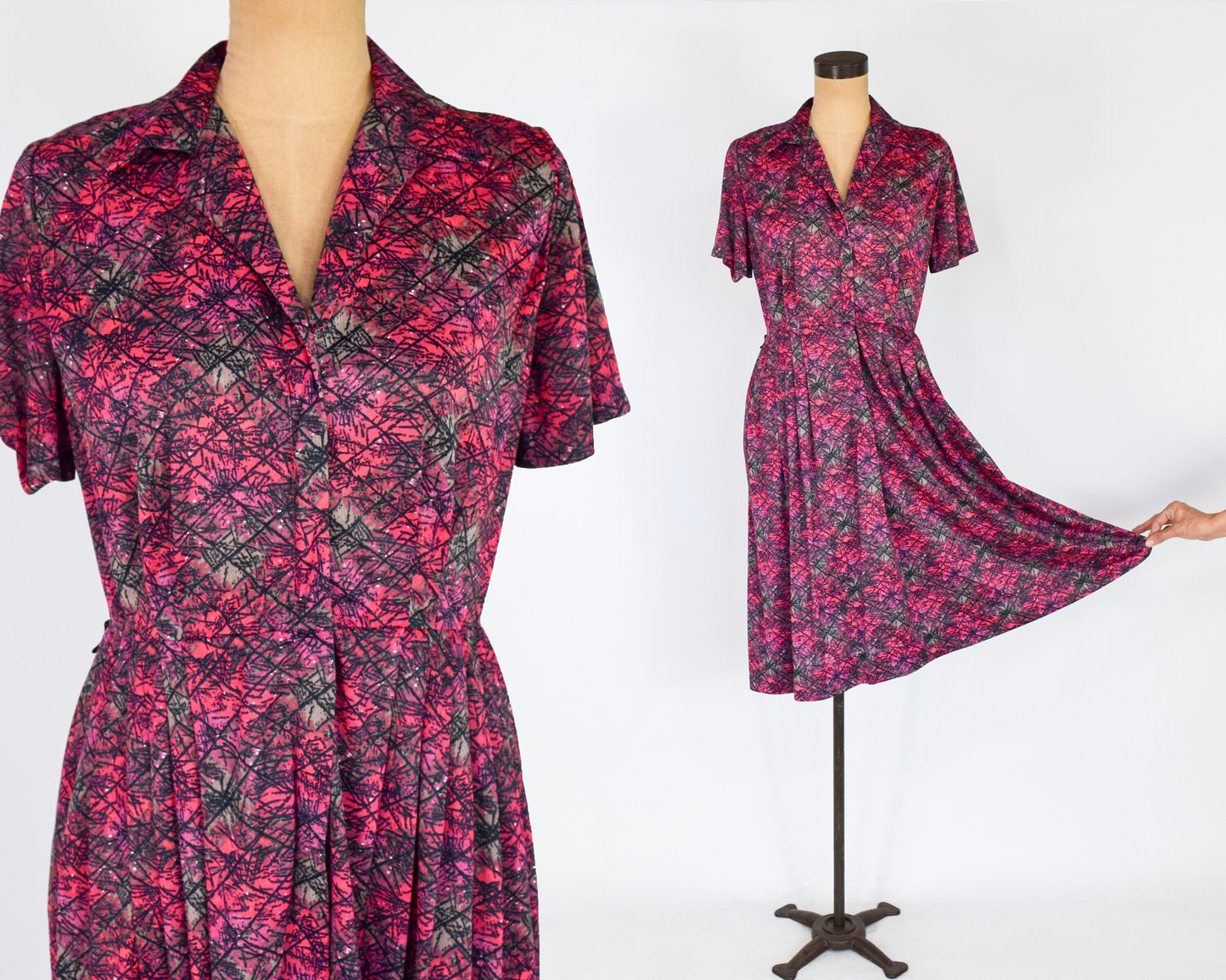 1950s Pink & Gray Atomic Print Nylon Dress, Medium