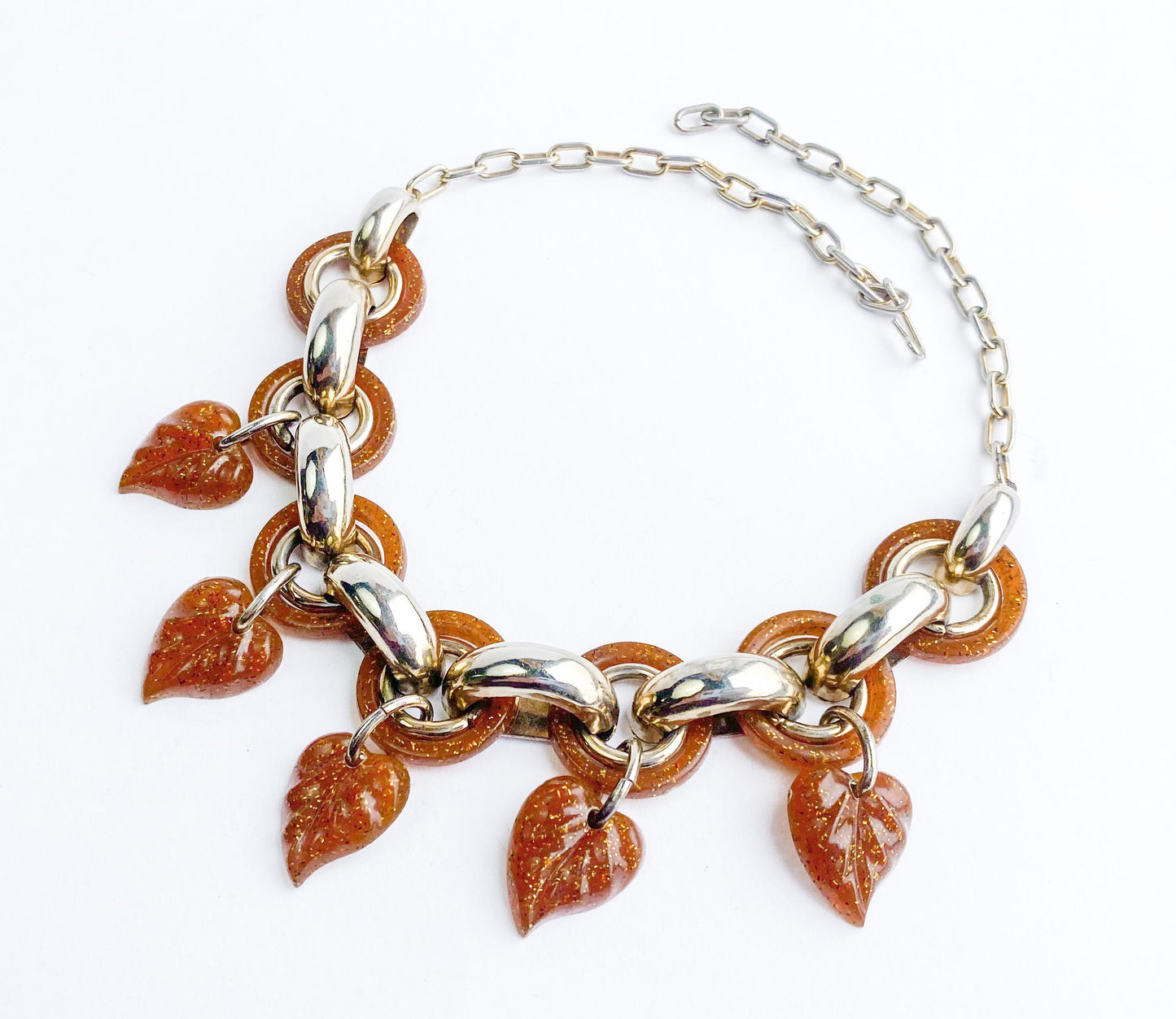 1960s Glitter Leaf Necklace | Brown Plastic, Gold Chain