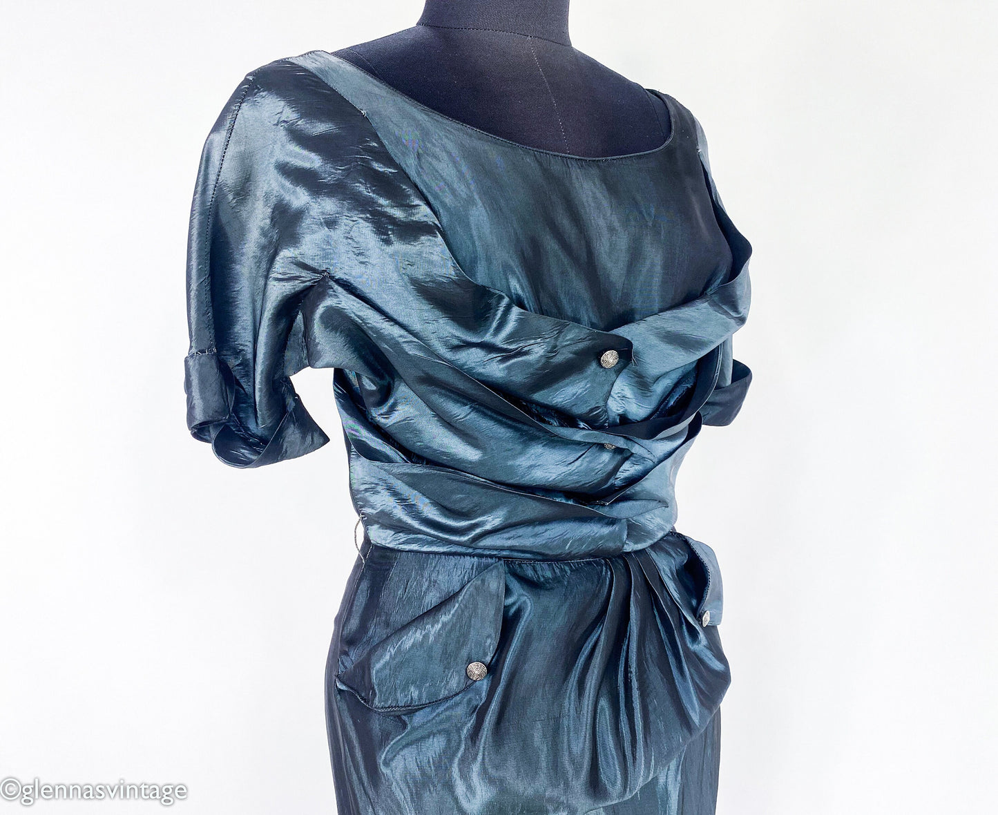 1950s Blue Gray Taffeta Cocktail Dress, Cadillac Original, Small