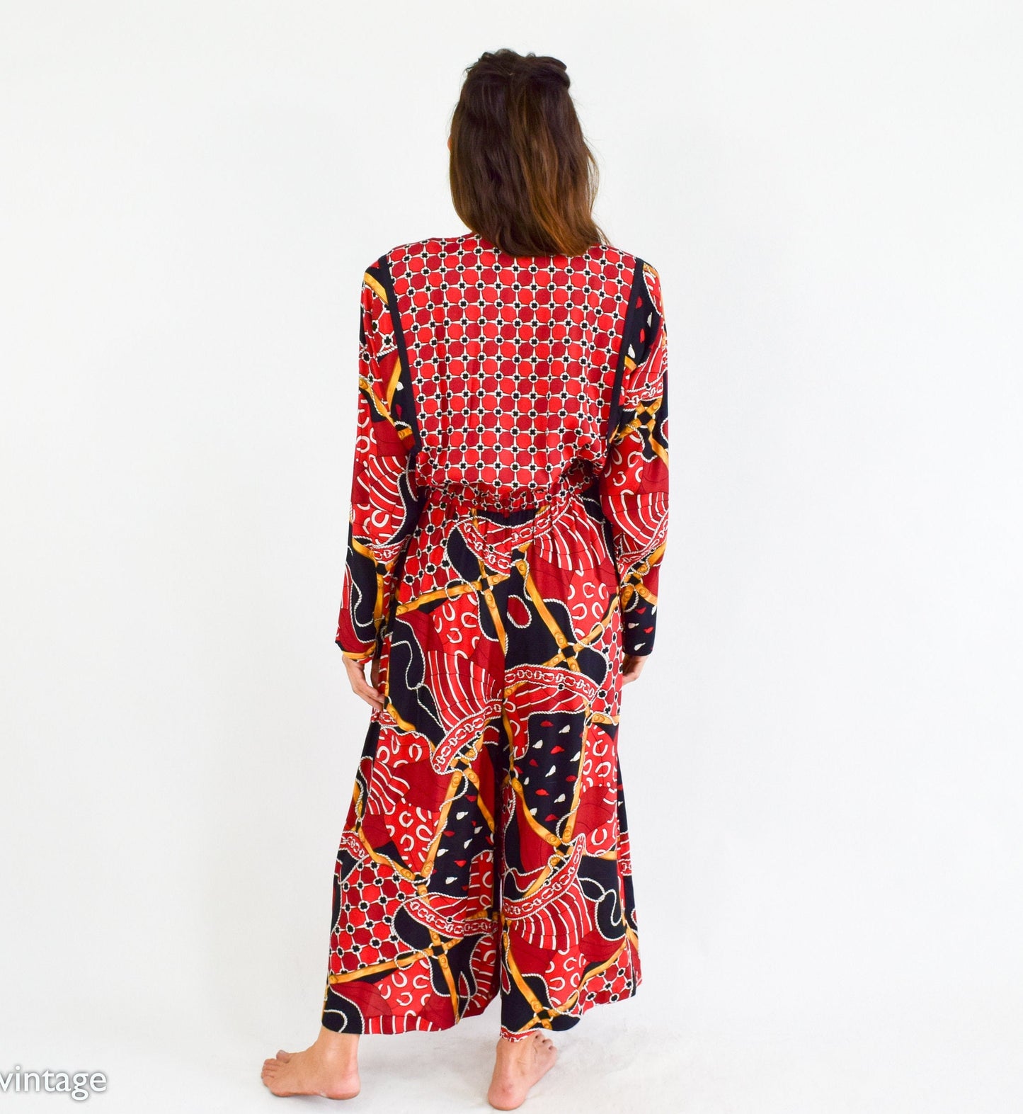 1980s Red Print Wide Leg Jumpsuit, Large