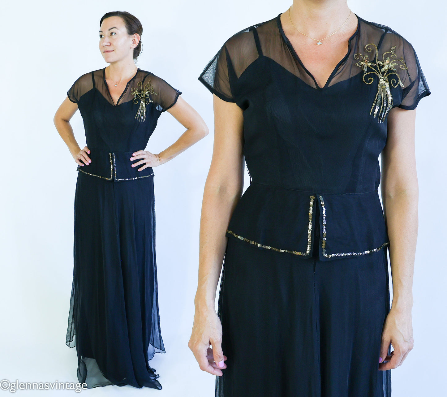1940s Black Crepe Evening  Dress | 40s Black Sheer Sequin Formal Dress l Medium