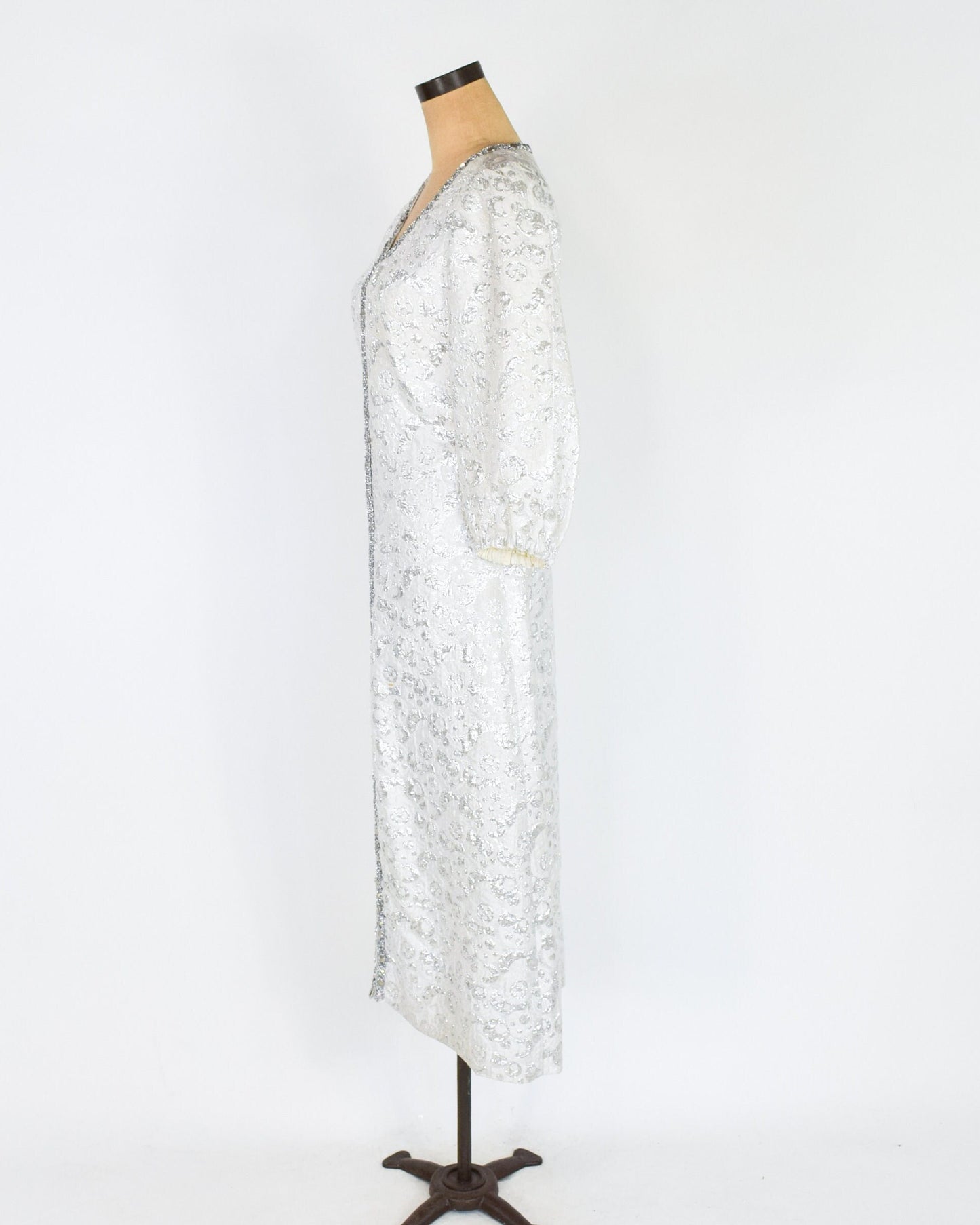 1970s Silver Brocade Evening Dress | 70s Silver Lamé Brocade Maxi Dress | Small