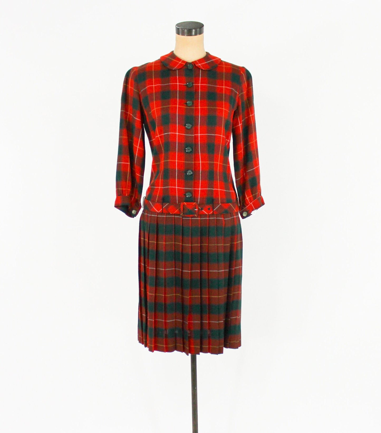 1960s Red Plaid Wool Dress with Peter Pan Collar, Bobbie Brooks, Medium