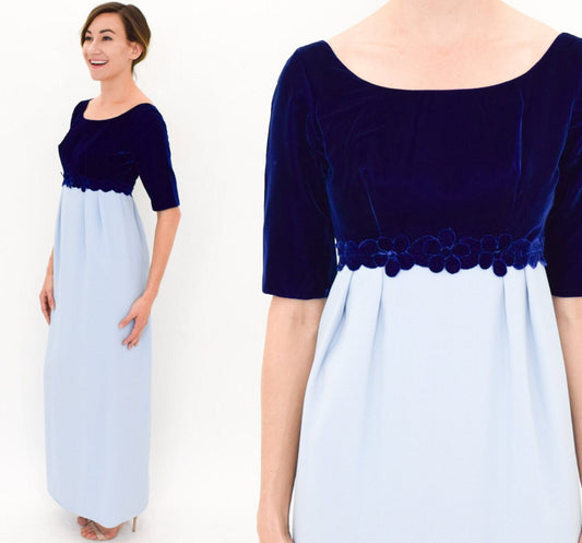 1960s Blue Evening Dress | 60s Blue Velvet & Crepe Formal Dress | Bridesmaid | Small