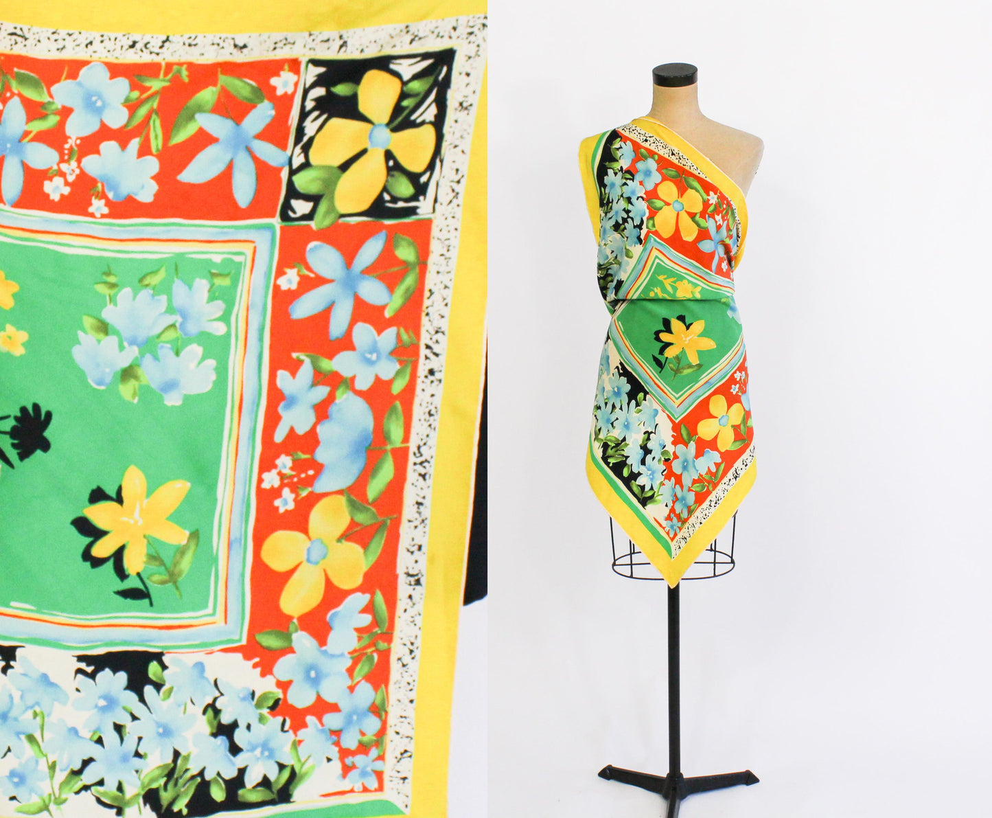 1980s Floral Silk Scarf | Green, Yellow, & Orange | Piramit