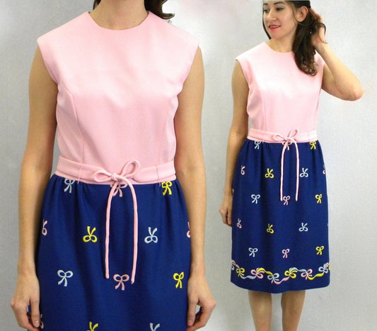1960s Blue & Pink Shift Dress | 60s Navy Polyester Knit Dress | Medium