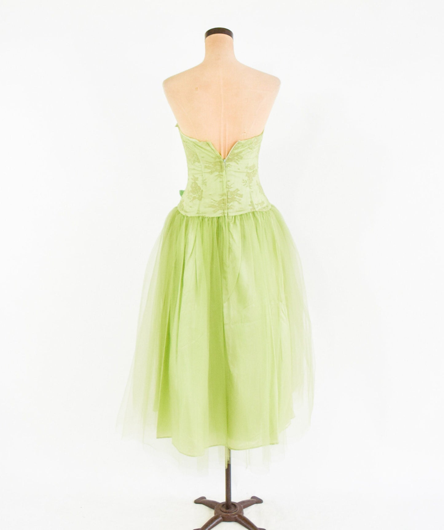 1990s Lime Green Party Dress | 90s Green Lace & Tulle Prom Dress | Green Strapless Evening Dress | Jessica McClintock | Small