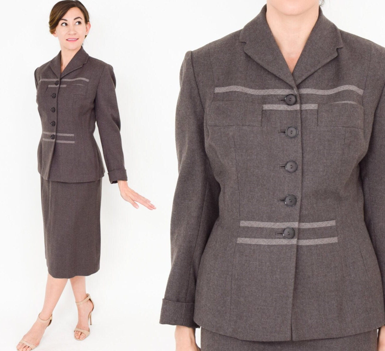 1950s BrownStriped Wool Skirt Suit Set, Small