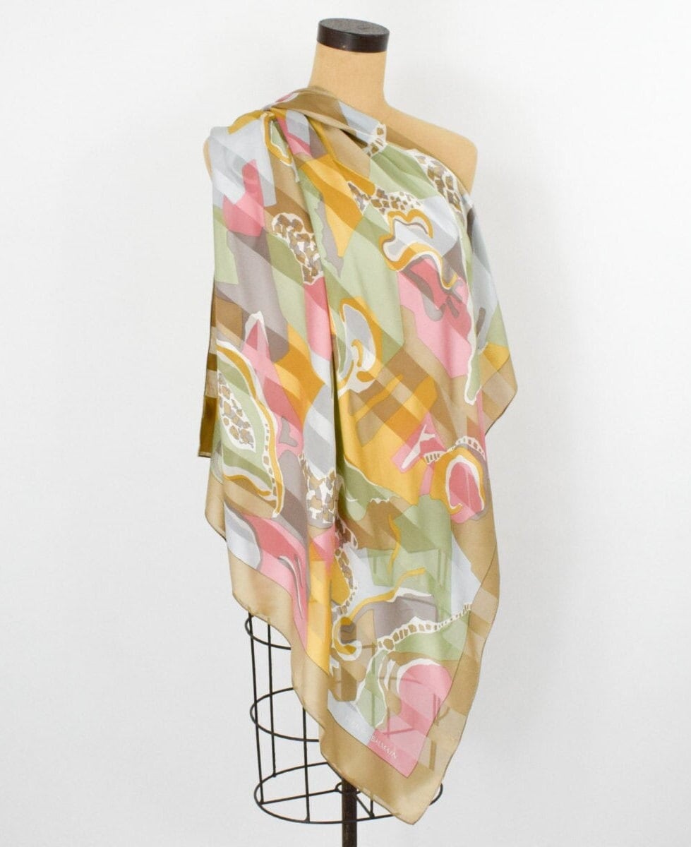 1980s Pierre Balmain Beige Pastel Print Silk Scarf